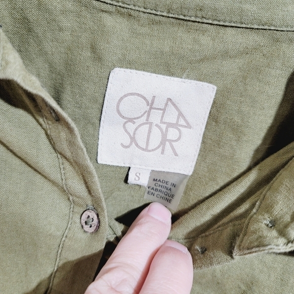 CHASER 55% LINEN BLEND OLIVE GREEN BUTTON UP, SZ SMALL - Picture 5 of 9